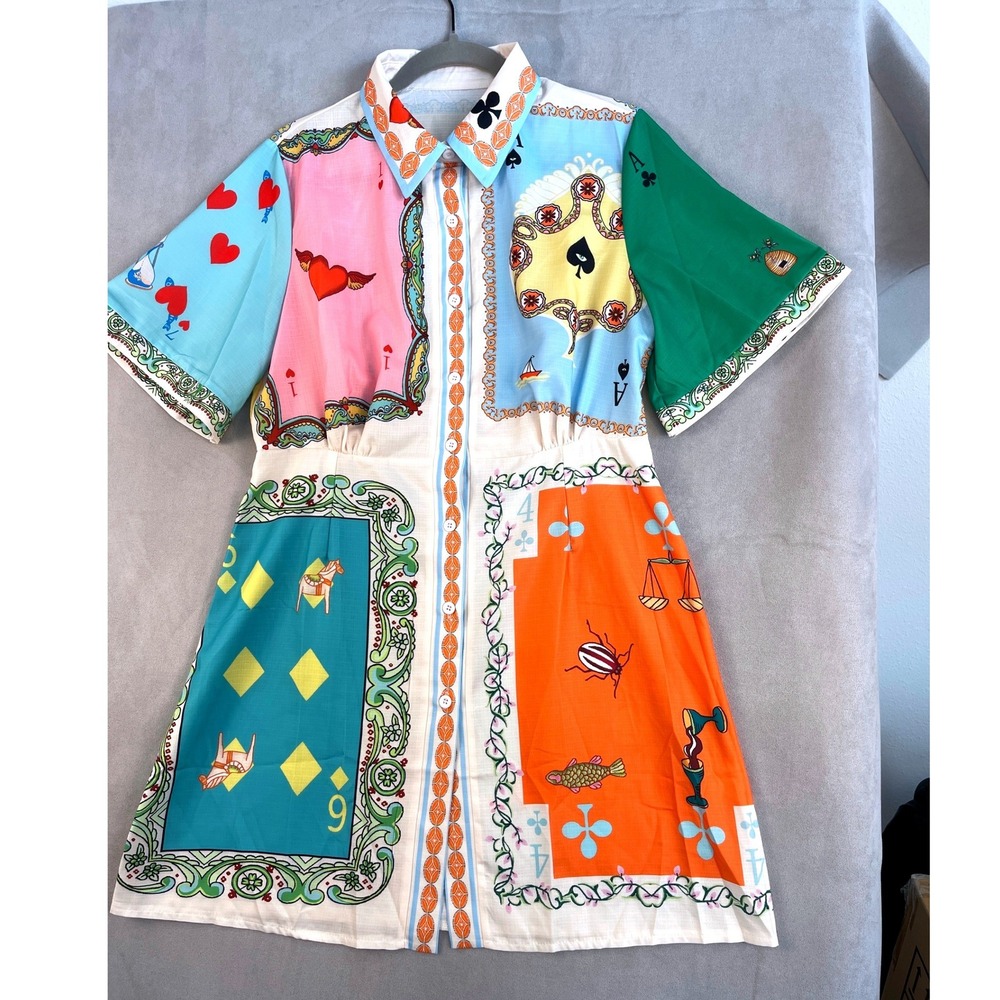Novelty Playing Card Print Shirt Dress Short Sleeve Linen Blend Colorful Large